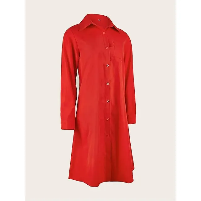 CityHottie - Women's Shirt Dress Casual Dress Shift Dress Midi Dress Outdoor Winter Dress Daily Polyester Elegant Casual Shirt Collar Pocket Rolled Cuff Long Sleeve Summer Winter Fall Spring 2024 Loose Fit Red