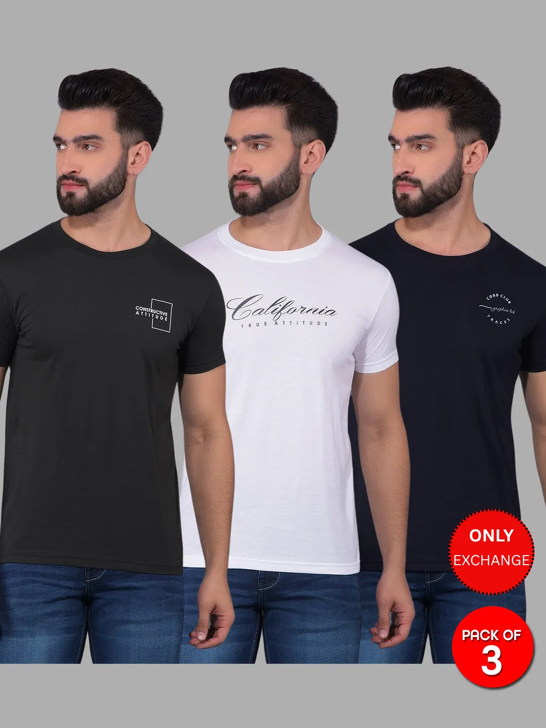 COBB MEN'S PACK OF 3 PRINTED ROUND NECK COMBO T-SHIRT