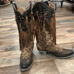 Corral Women's Leopard Stud & Fringe Cowgirl Boots - Snip Toe