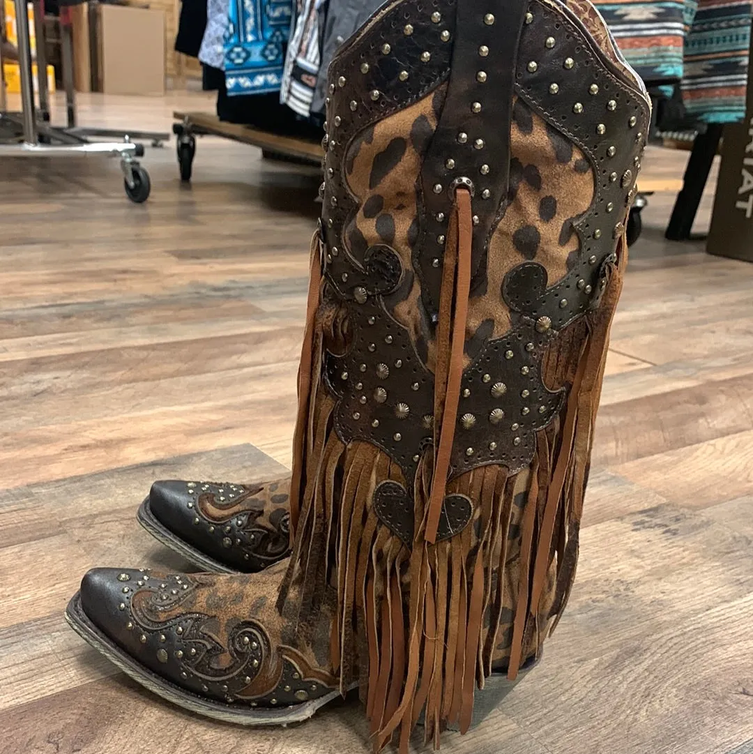 Corral Women's Leopard Stud & Fringe Cowgirl Boots - Snip Toe