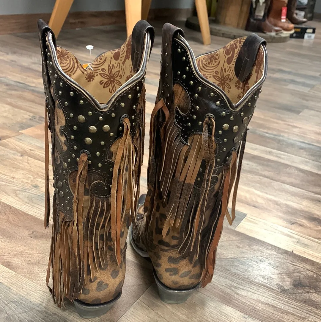 Corral Women's Leopard Stud & Fringe Cowgirl Boots - Snip Toe