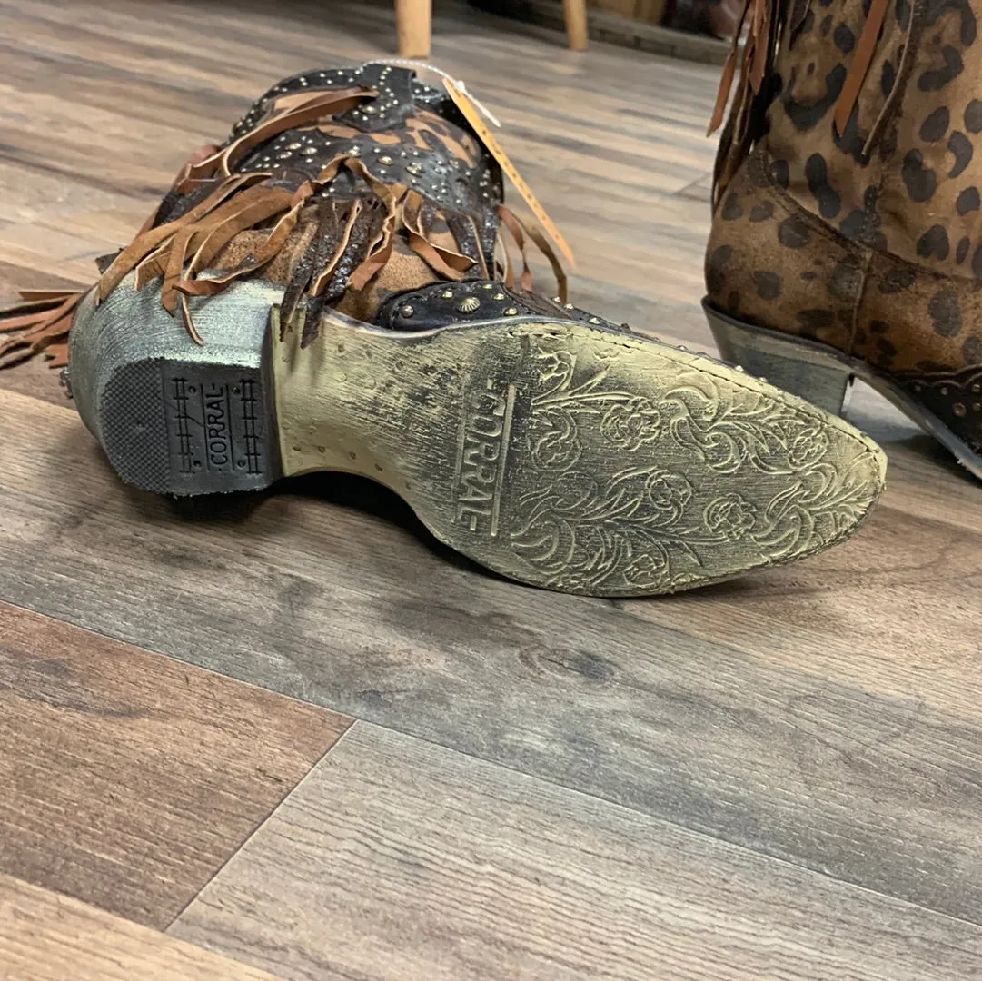 Corral Women's Leopard Stud & Fringe Cowgirl Boots - Snip Toe