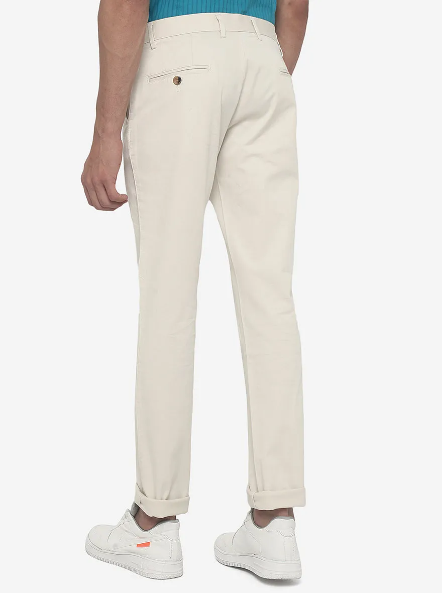 Cream Solid Super Slim Fit Casual Trouser | Greenfibre