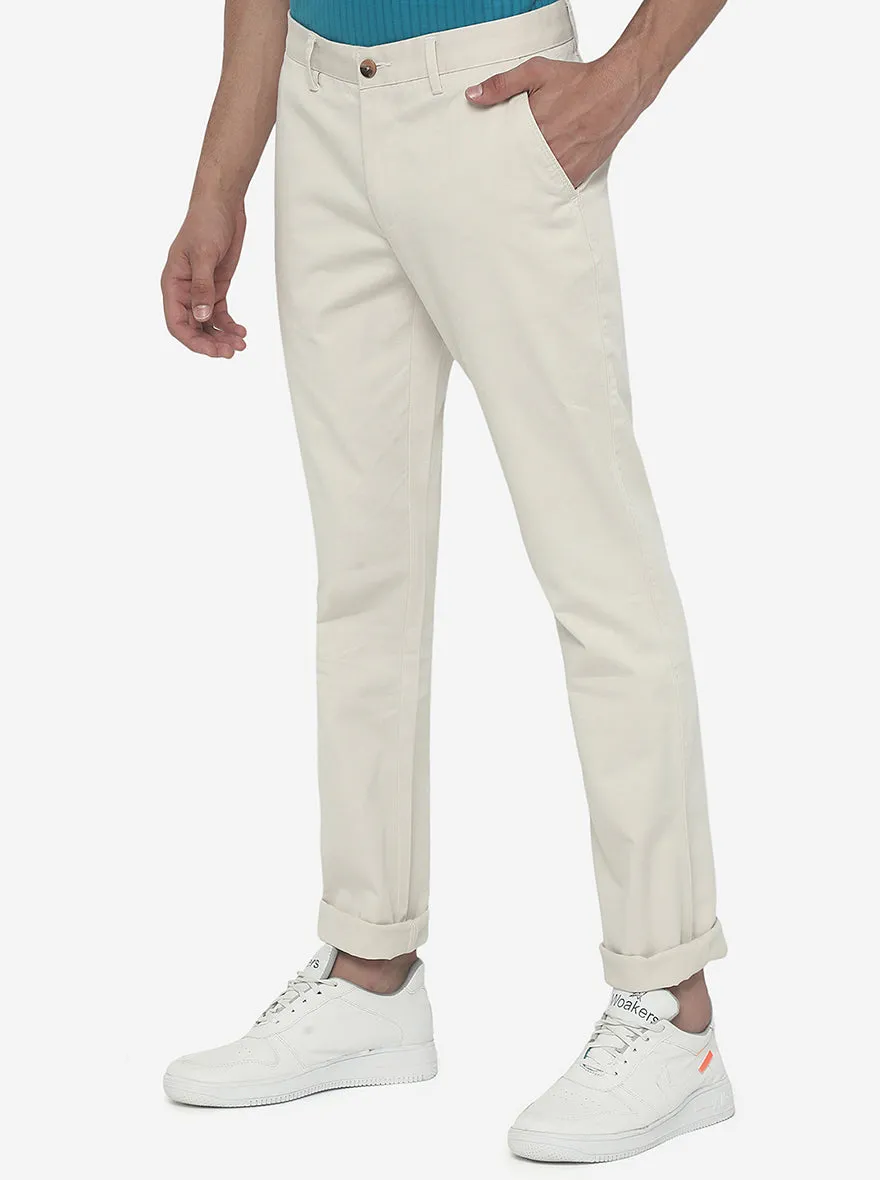 Cream Solid Super Slim Fit Casual Trouser | Greenfibre