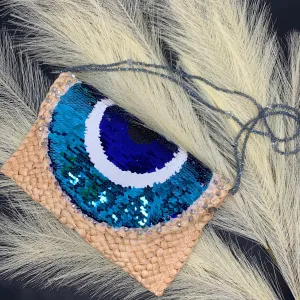 Evil Eye Straw Clutch made out of sequins and hand embellished with crystals 510-03 | Erika Williner Designs