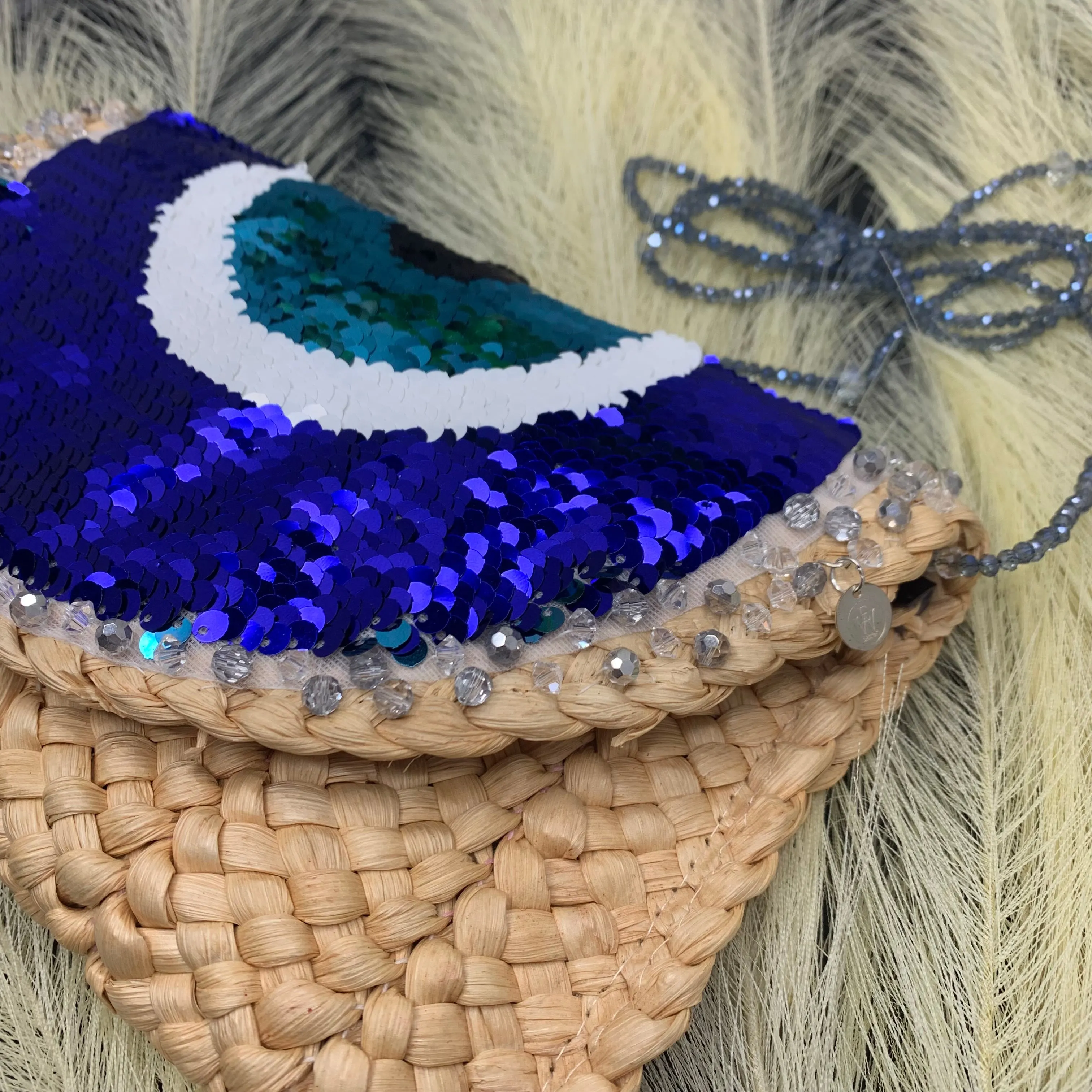 Evil Eye Straw Clutch made out of sequins and hand embellished with crystals 510-03 | Erika Williner Designs