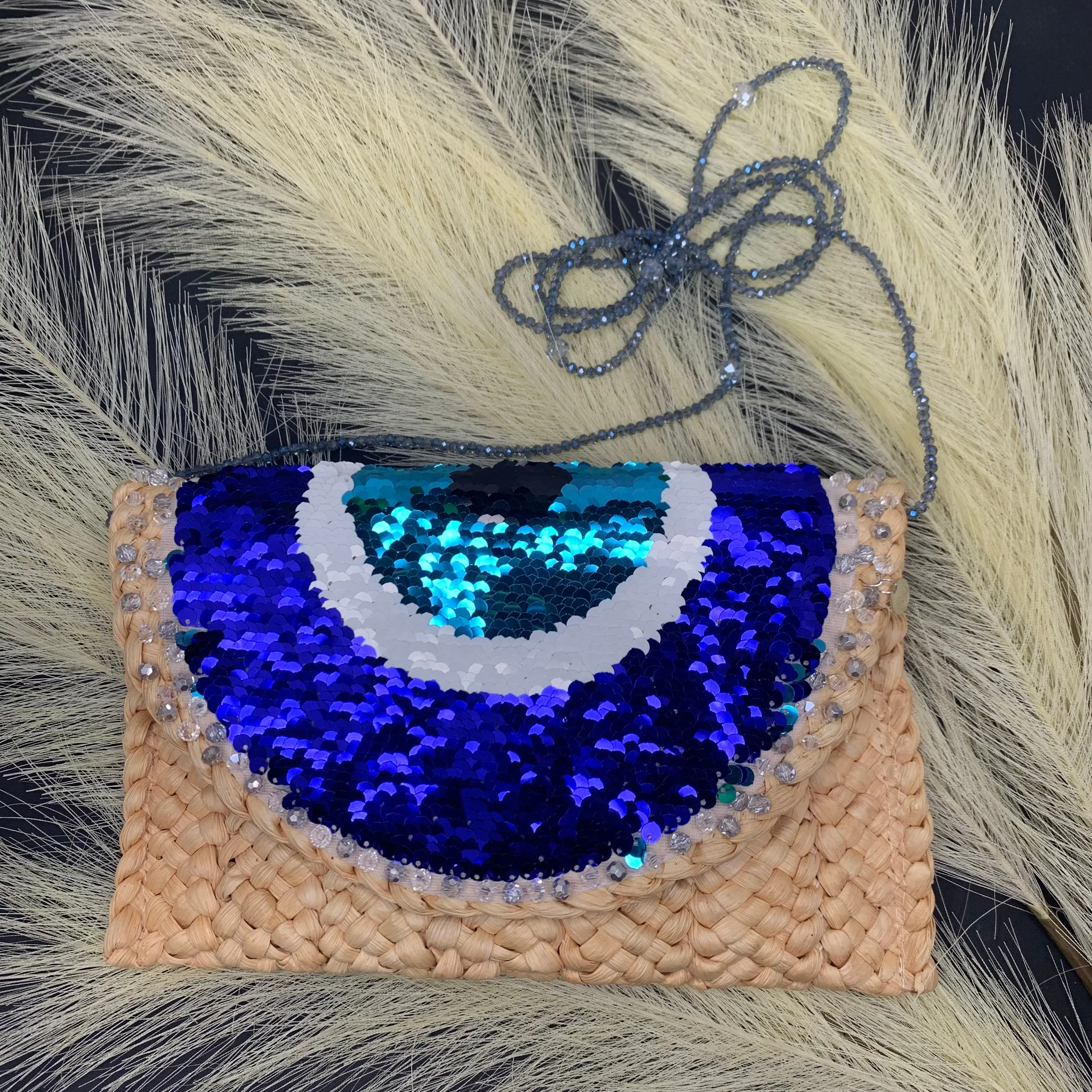 Evil Eye Straw Clutch made out of sequins and hand embellished with crystals 510-03 | Erika Williner Designs
