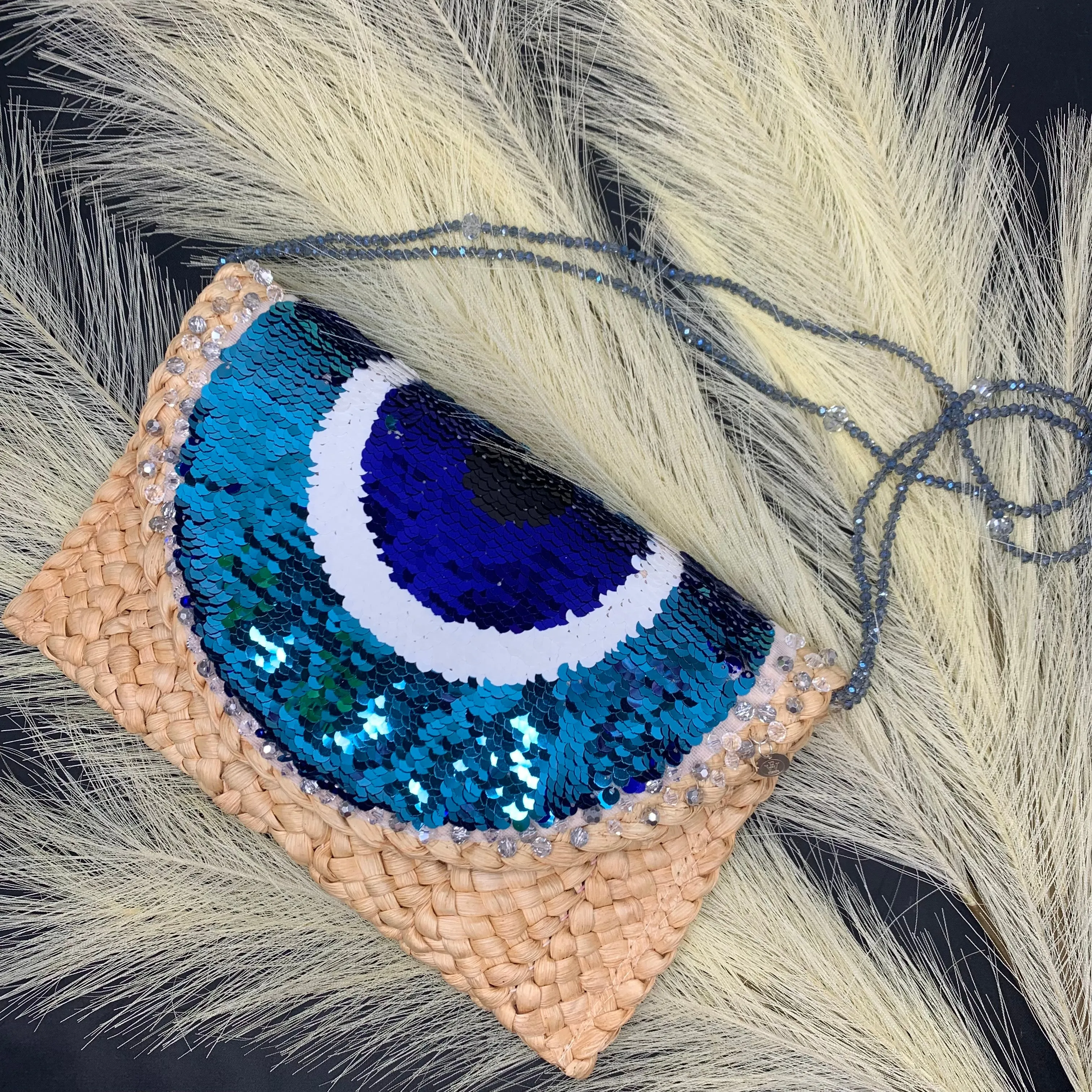 Evil Eye Straw Clutch made out of sequins and hand embellished with crystals 510-03 | Erika Williner Designs