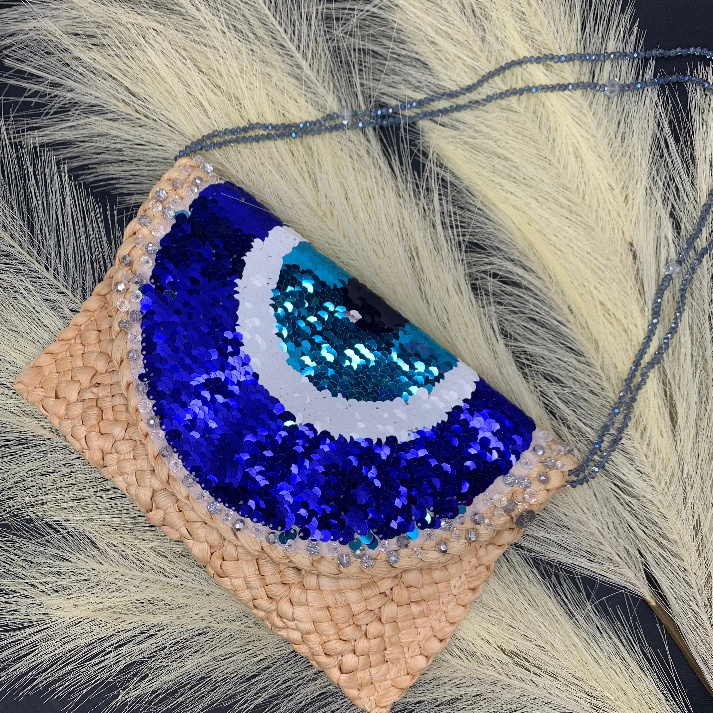 Evil Eye Straw Clutch made out of sequins and hand embellished with crystals 510-03 | Erika Williner Designs