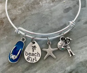 Flip Flops Beach Expandable Charm Bracelet Ocean Nautical Gift Silver Adjustable Bangle Beach Starfish