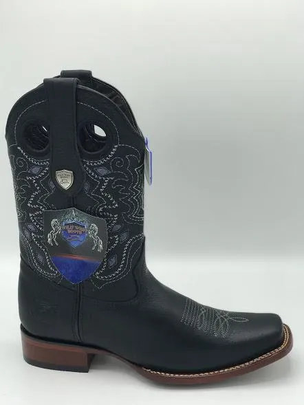 Genuine Leather Square Toe Boot in Grisly Black