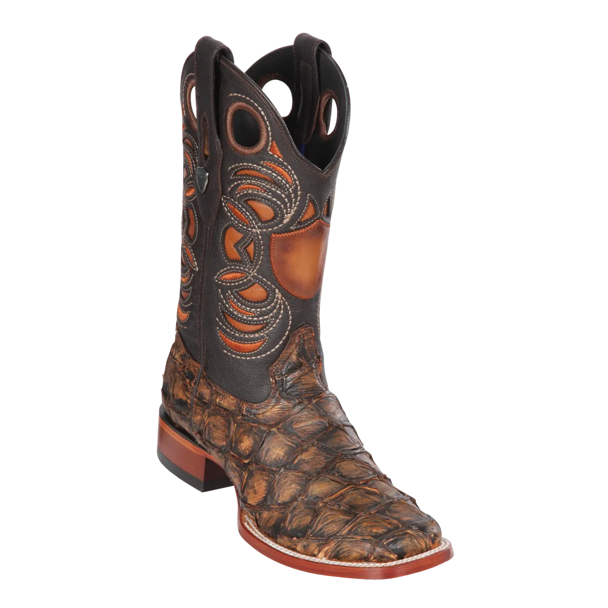 Genuine Pirarucu Wide Square Toe Boot in Sanded Brown