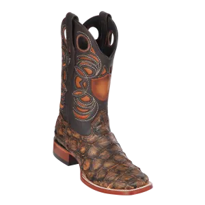 Genuine Pirarucu Wide Square Toe Boot in Sanded Brown