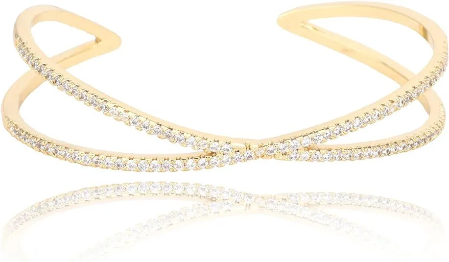 Gold Cuff Bracelet For Women Embellished With Pave Cubic Zirconia Stones | Adjustable | Lightweight | Non Tarnish & Waterproof | Gift For Her