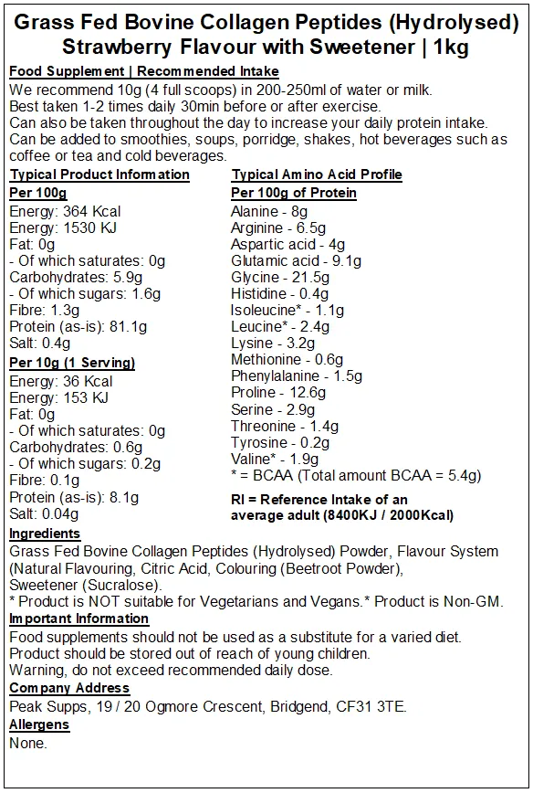 Grass Fed Collagen Protein Powder Hydrolysed (Bovine Type 1) - 90% Protein