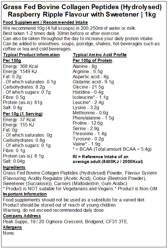 Grass Fed Collagen Protein Powder Hydrolysed (Bovine Type 1) - 90% Protein