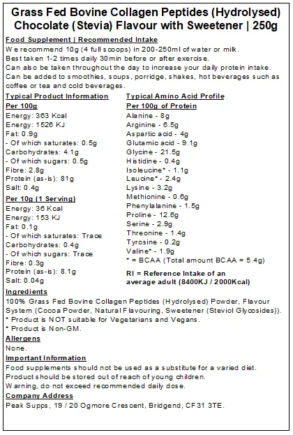 Grass Fed Collagen Protein Powder Hydrolysed (Bovine Type 1) - 90% Protein