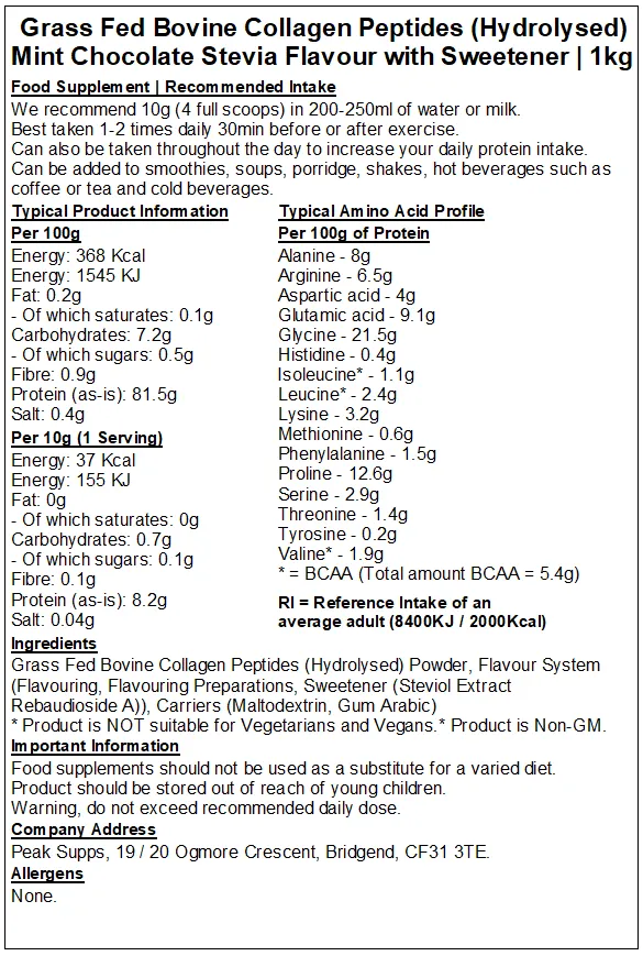 Grass Fed Collagen Protein Powder Hydrolysed (Bovine Type 1) - 90% Protein