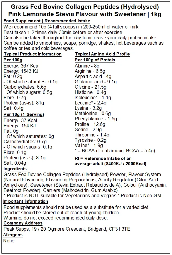 Grass Fed Collagen Protein Powder Hydrolysed (Bovine Type 1) - 90% Protein