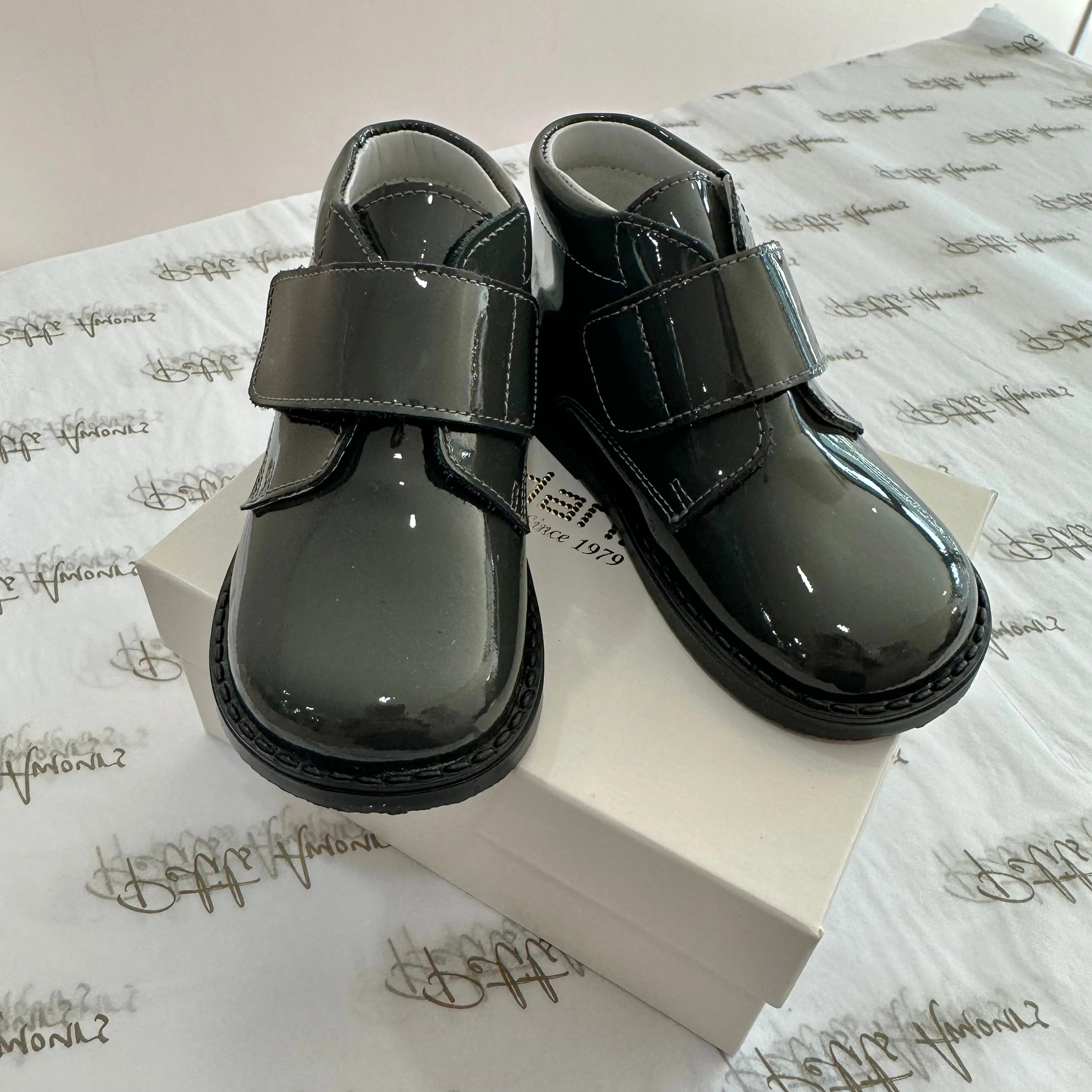 Grey Patent Velcro Boots