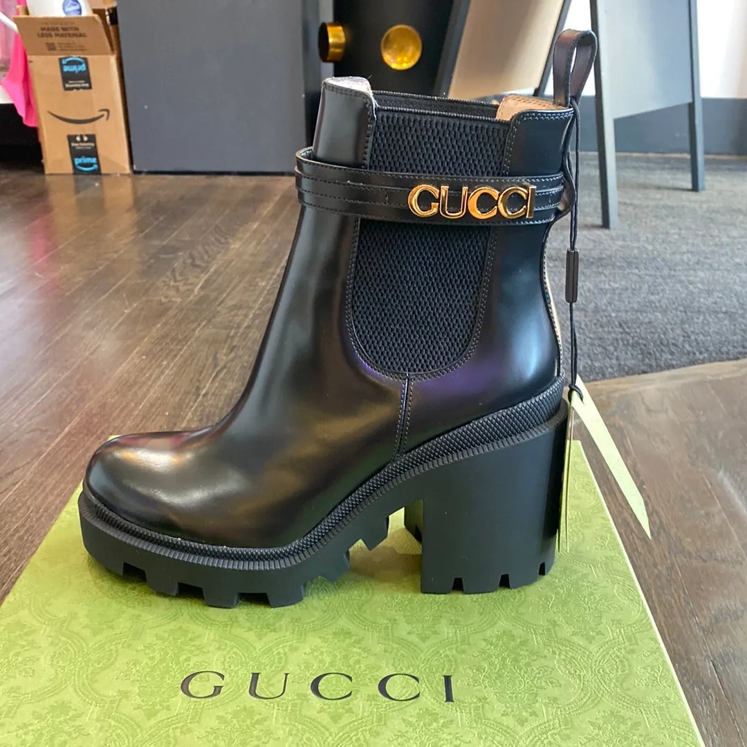 Gucci Black Leather Heeled Stretch Bootie with Gold GUCCI