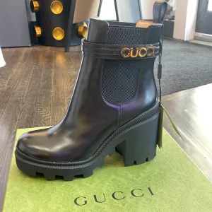 Gucci Black Leather Heeled Stretch Bootie with Gold GUCCI