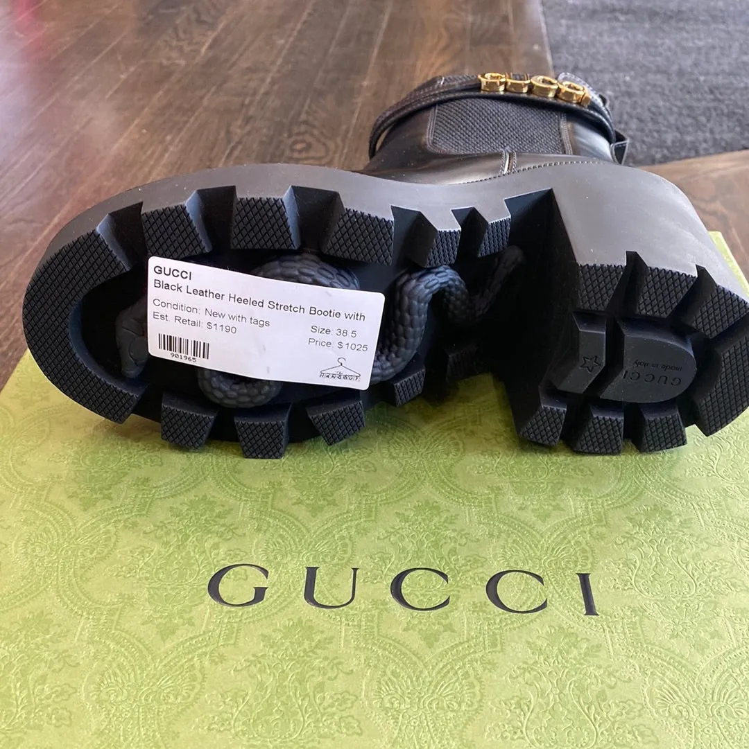 Gucci Black Leather Heeled Stretch Bootie with Gold GUCCI