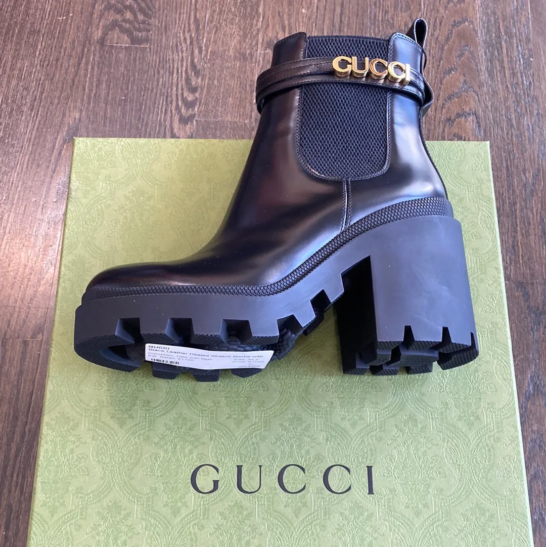 Gucci Black Leather Heeled Stretch Bootie with Gold GUCCI