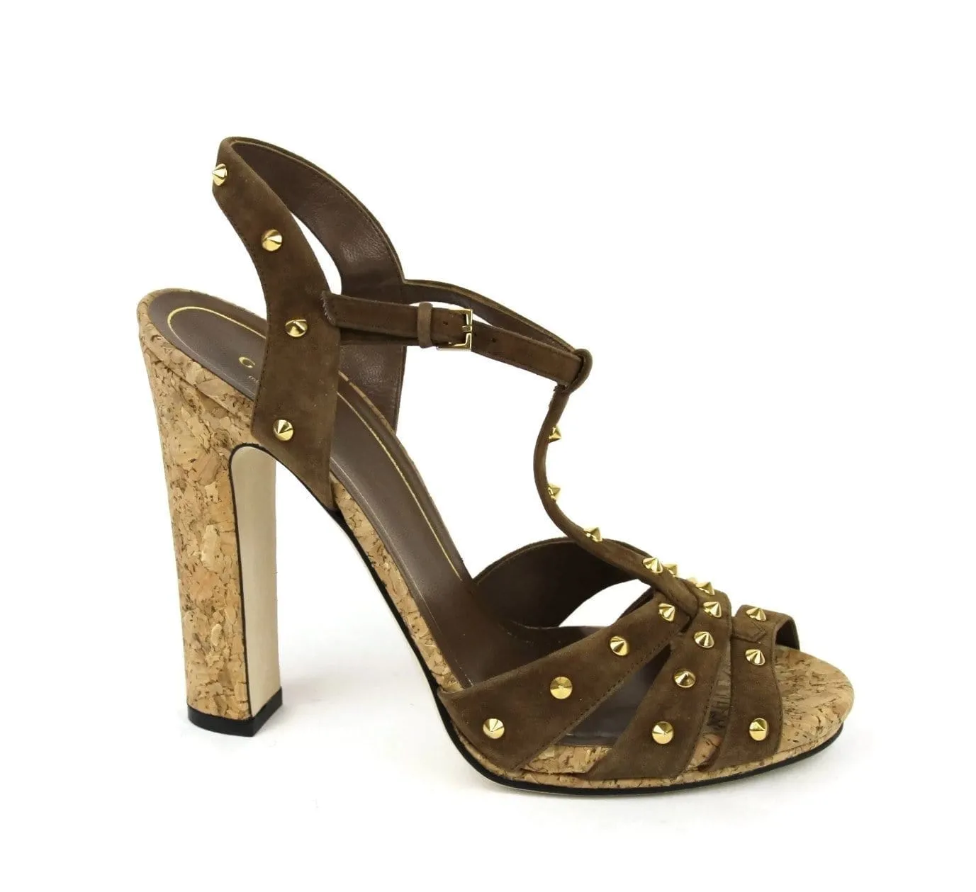 Gucci Sandals Women Brown Suede Jacquelyne With Gold Studs