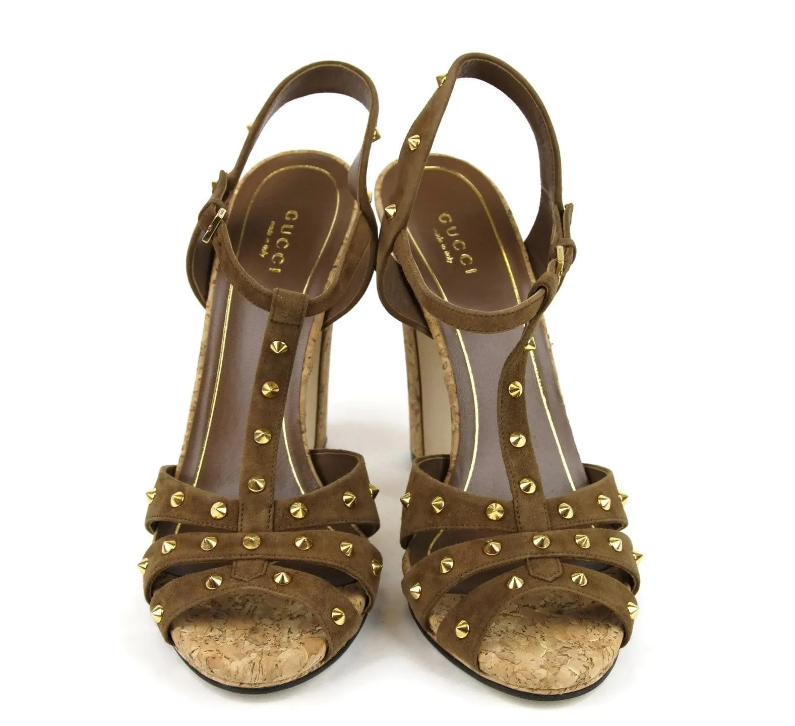 Gucci Sandals Women Brown Suede Jacquelyne With Gold Studs