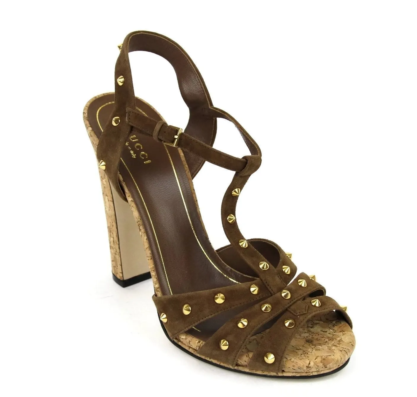Gucci Sandals Women Brown Suede Jacquelyne With Gold Studs