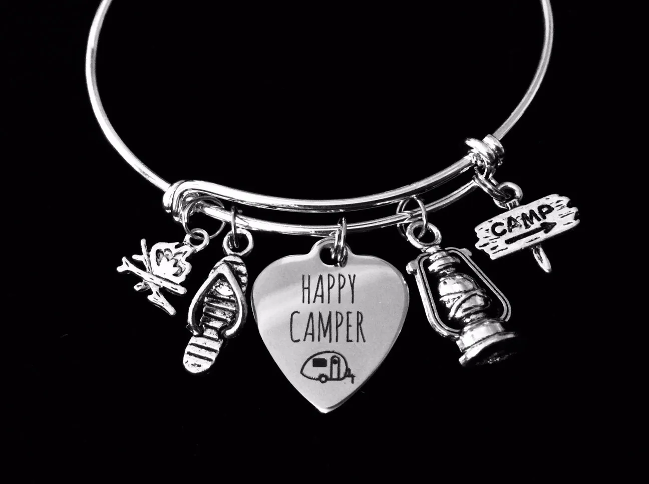Happy Camper Jewelry Adjustable Silver Charm Bracelet Expandable Wire Bangle One Size Fits All Gift Trendy Camp Fire Lantern Flip Flop