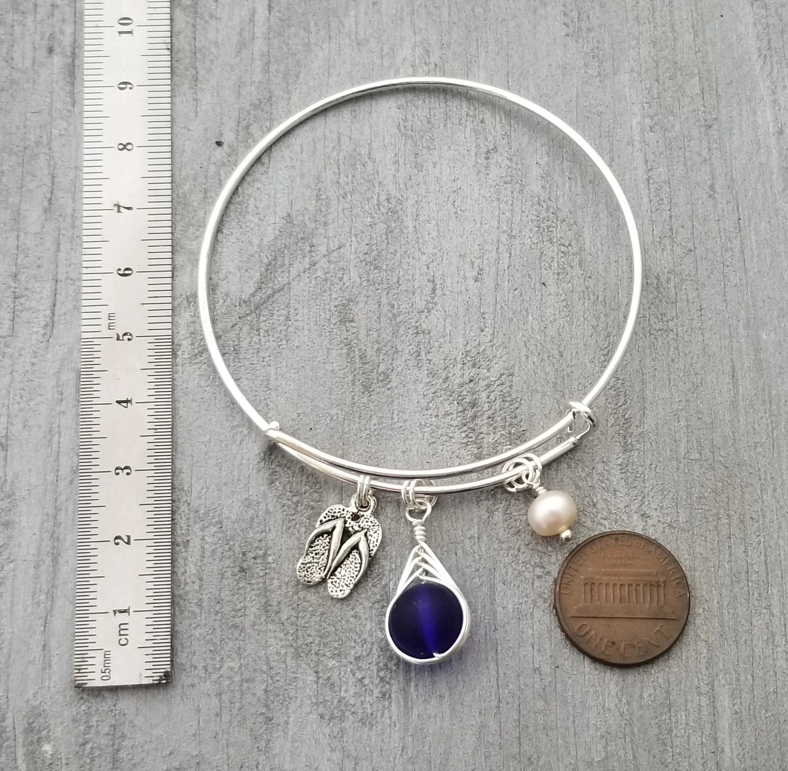 Hawaiian Jewelry Sea Glass Bracelet, Cobalt Bracelet Island Lifestyle Flip Flop Charm, Pearl Beach Bracelet  (September Birthstone)