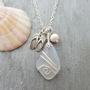 Hawaiian Jewelry Sea Glass Necklace, Wire Moonstone Necklace, Island-Lifestyle Flip Flop Pearl Necklace, Beach Jewelry(June Birthstone Gift)