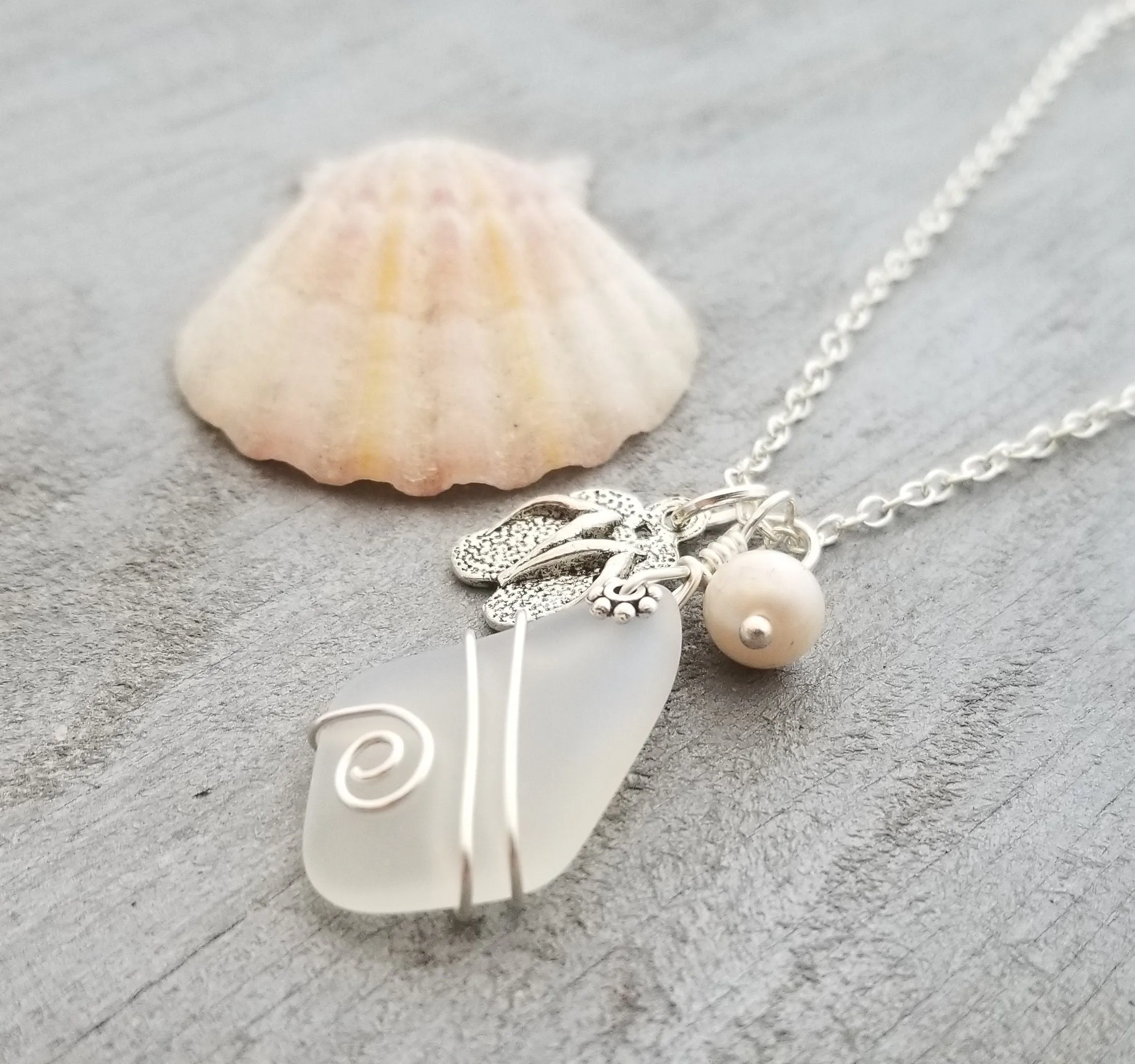 Hawaiian Jewelry Sea Glass Necklace, Wire Moonstone Necklace, Island-Lifestyle Flip Flop Pearl Necklace, Beach Jewelry(June Birthstone Gift)
