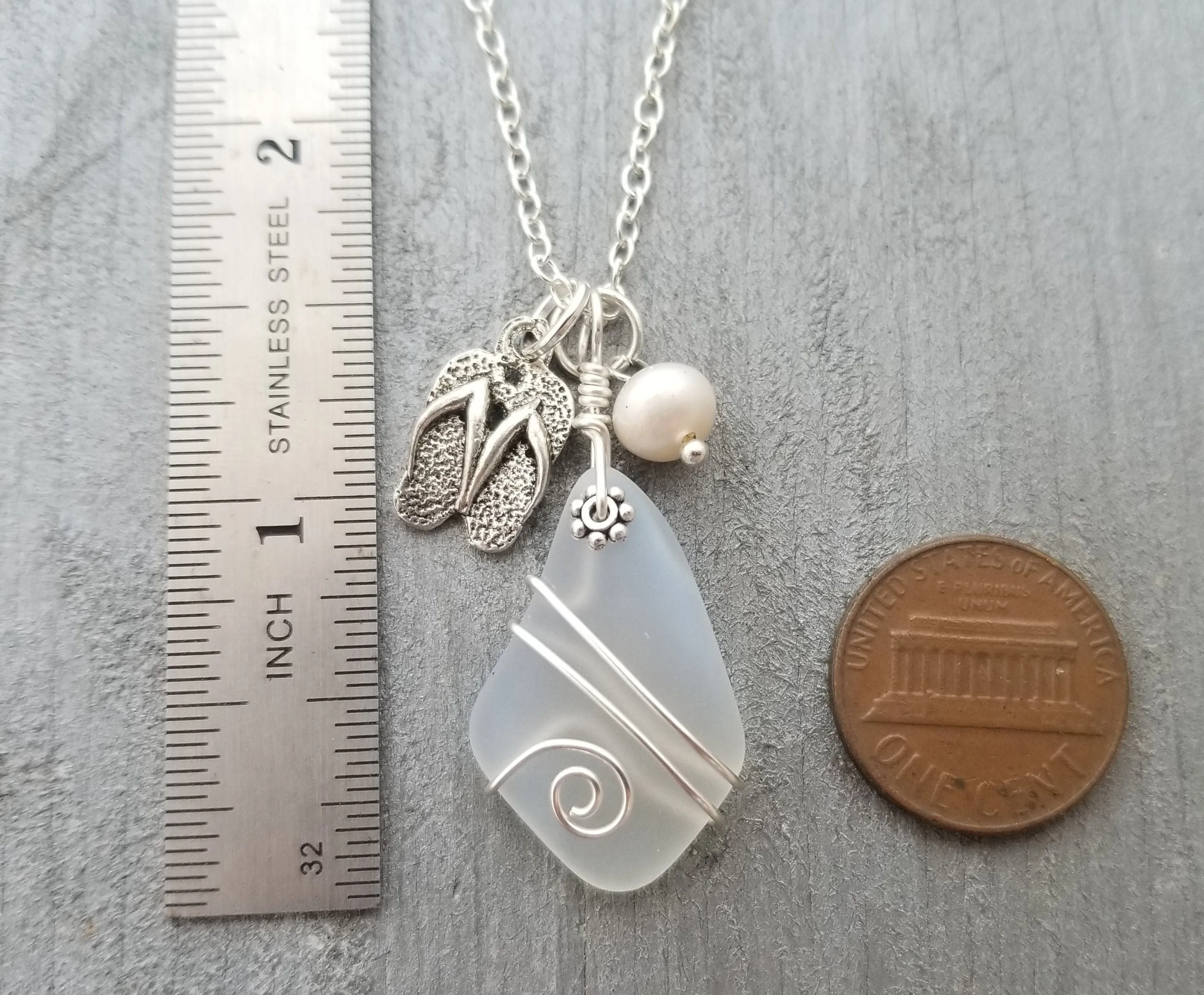 Hawaiian Jewelry Sea Glass Necklace, Wire Moonstone Necklace, Island-Lifestyle Flip Flop Pearl Necklace, Beach Jewelry(June Birthstone Gift)