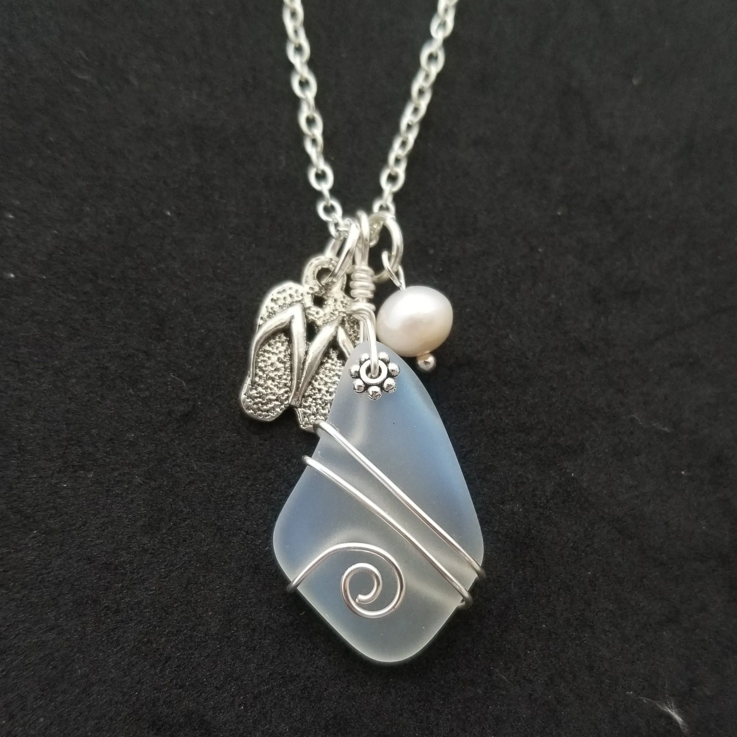 Hawaiian Jewelry Sea Glass Necklace, Wire Moonstone Necklace, Island-Lifestyle Flip Flop Pearl Necklace, Beach Jewelry(June Birthstone Gift)