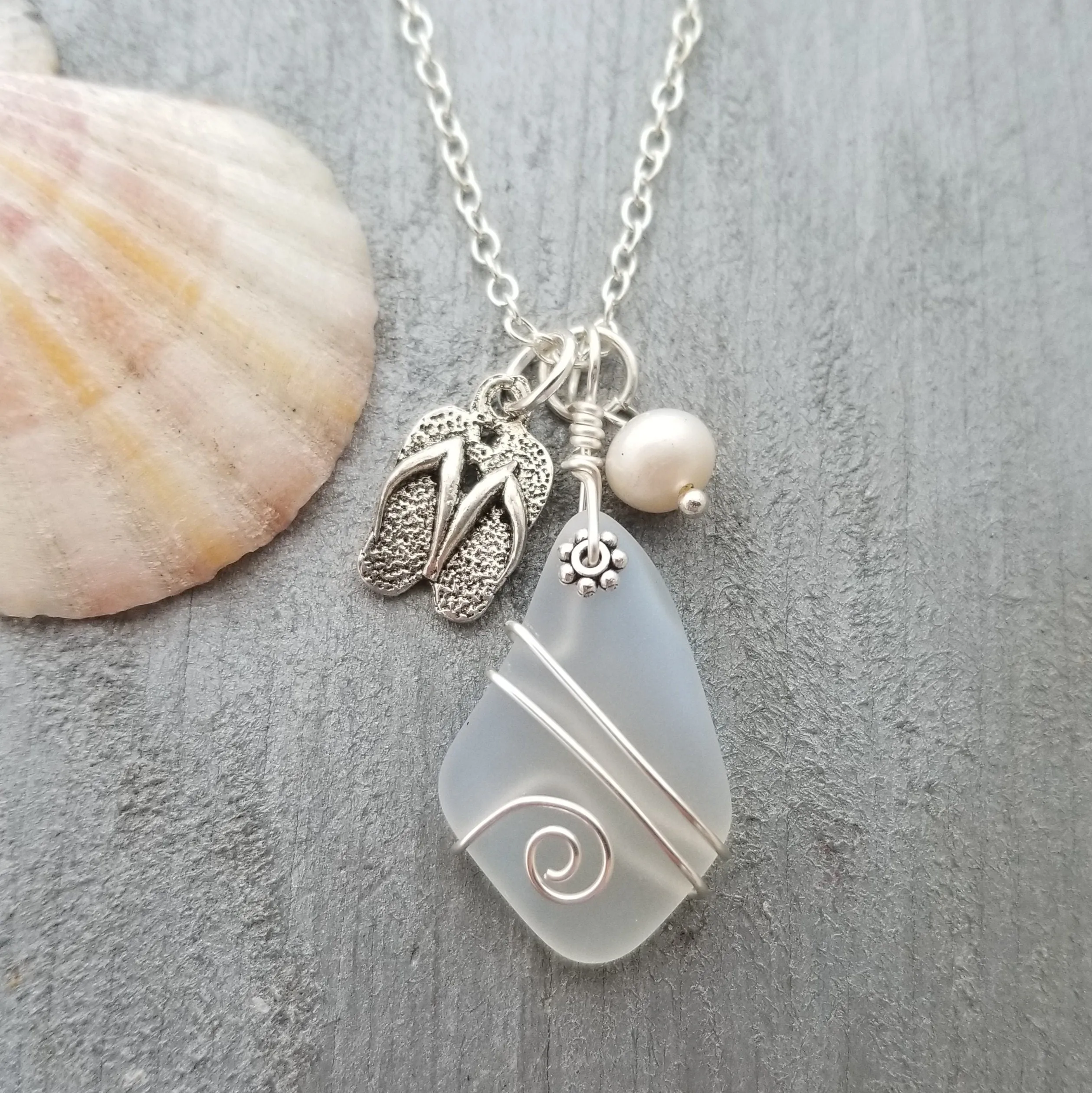 Hawaiian Jewelry Sea Glass Necklace, Wire Moonstone Necklace, Island-Lifestyle Flip Flop Pearl Necklace, Beach Jewelry(June Birthstone Gift)