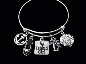 Island Girl Expandable Charm Bracelet Silver Adjustable Bangle One Size Fits All Gift Anchor Palm Tree Flip Flop Compass Rose