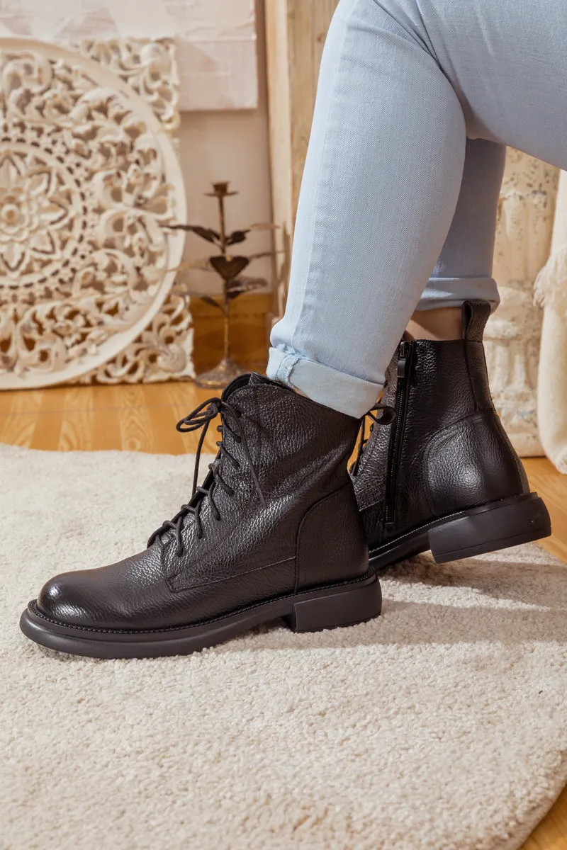 Lace-Up Ruched Leather Ankle Boots