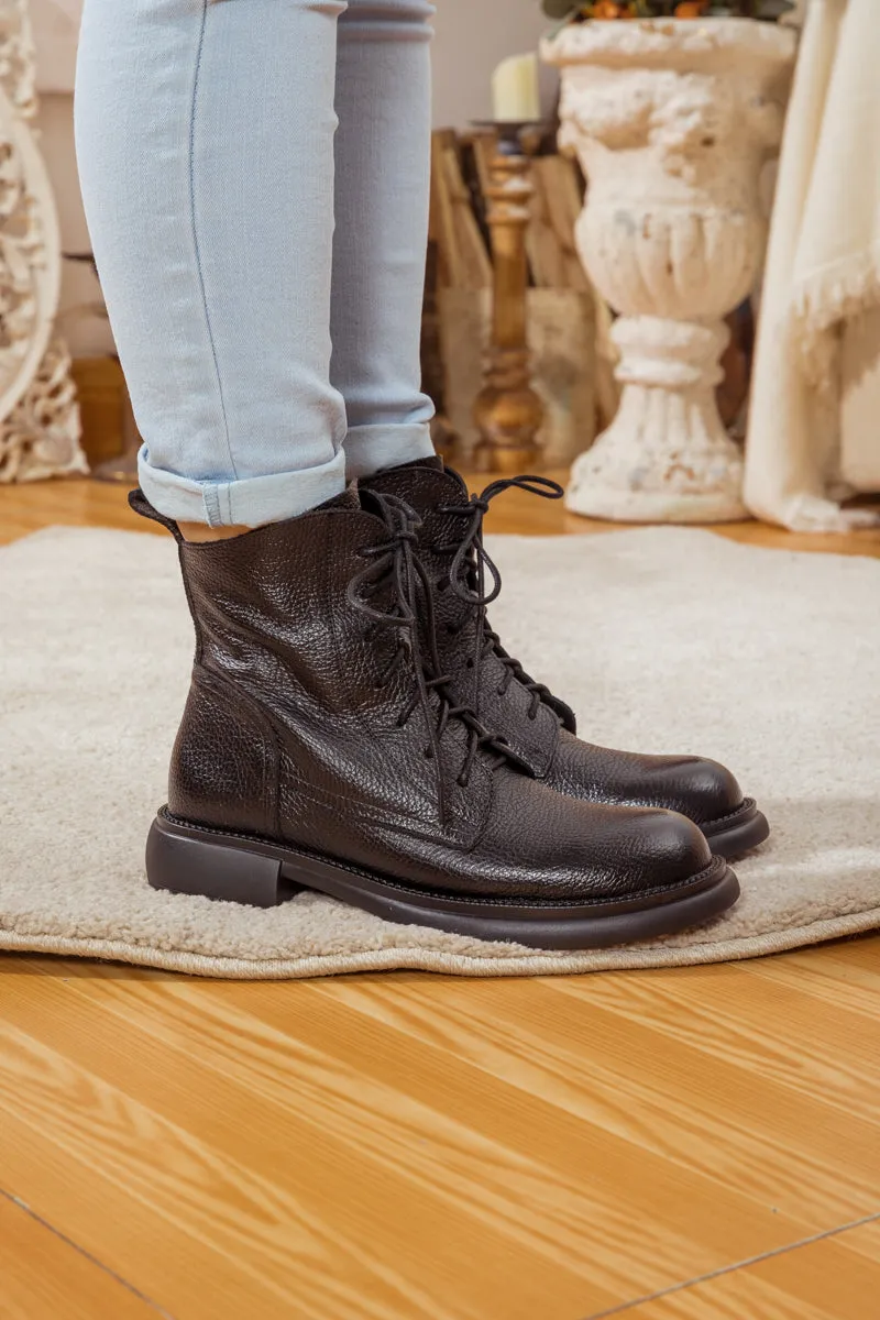 Lace-Up Ruched Leather Ankle Boots