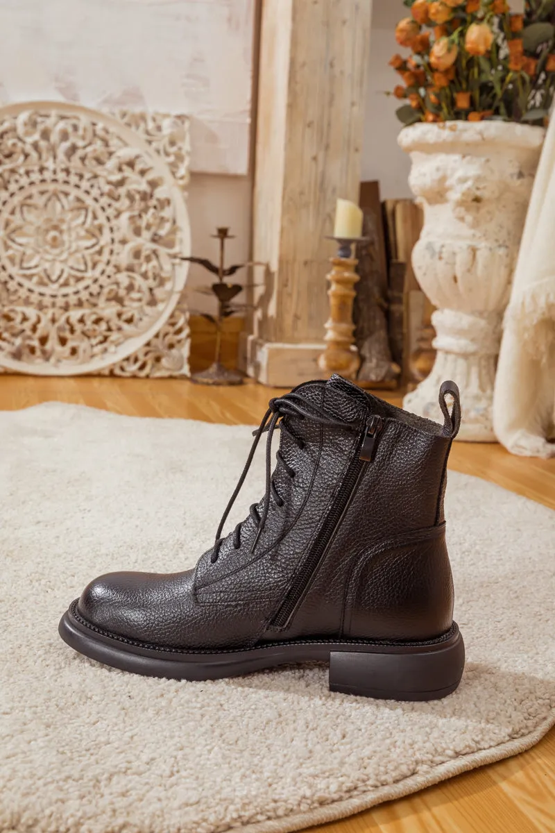Lace-Up Ruched Leather Ankle Boots