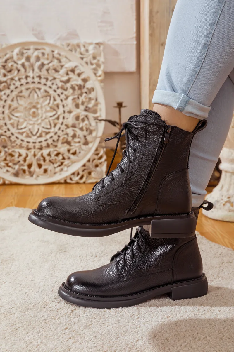 Lace-Up Ruched Leather Ankle Boots