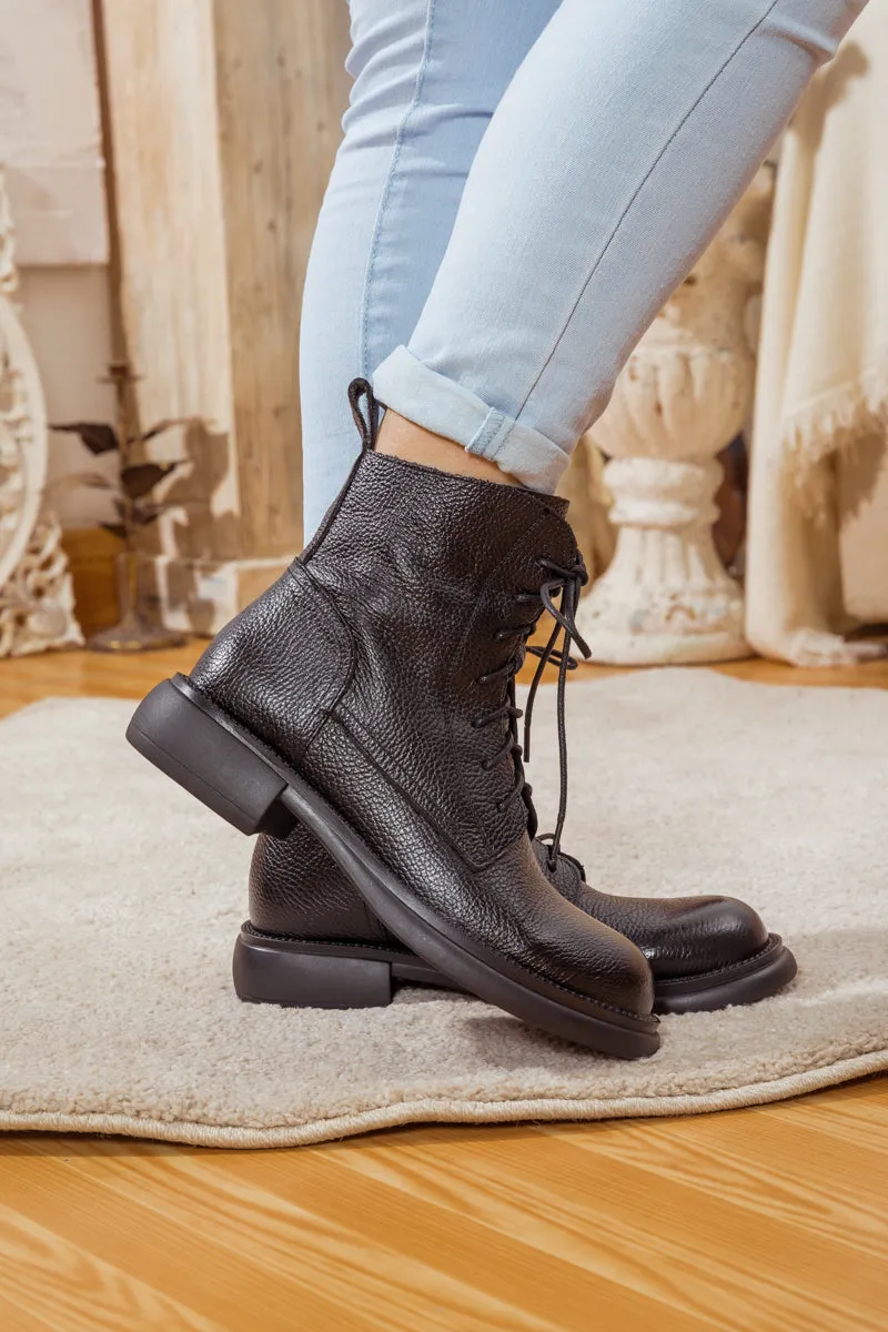 Lace-Up Ruched Leather Ankle Boots