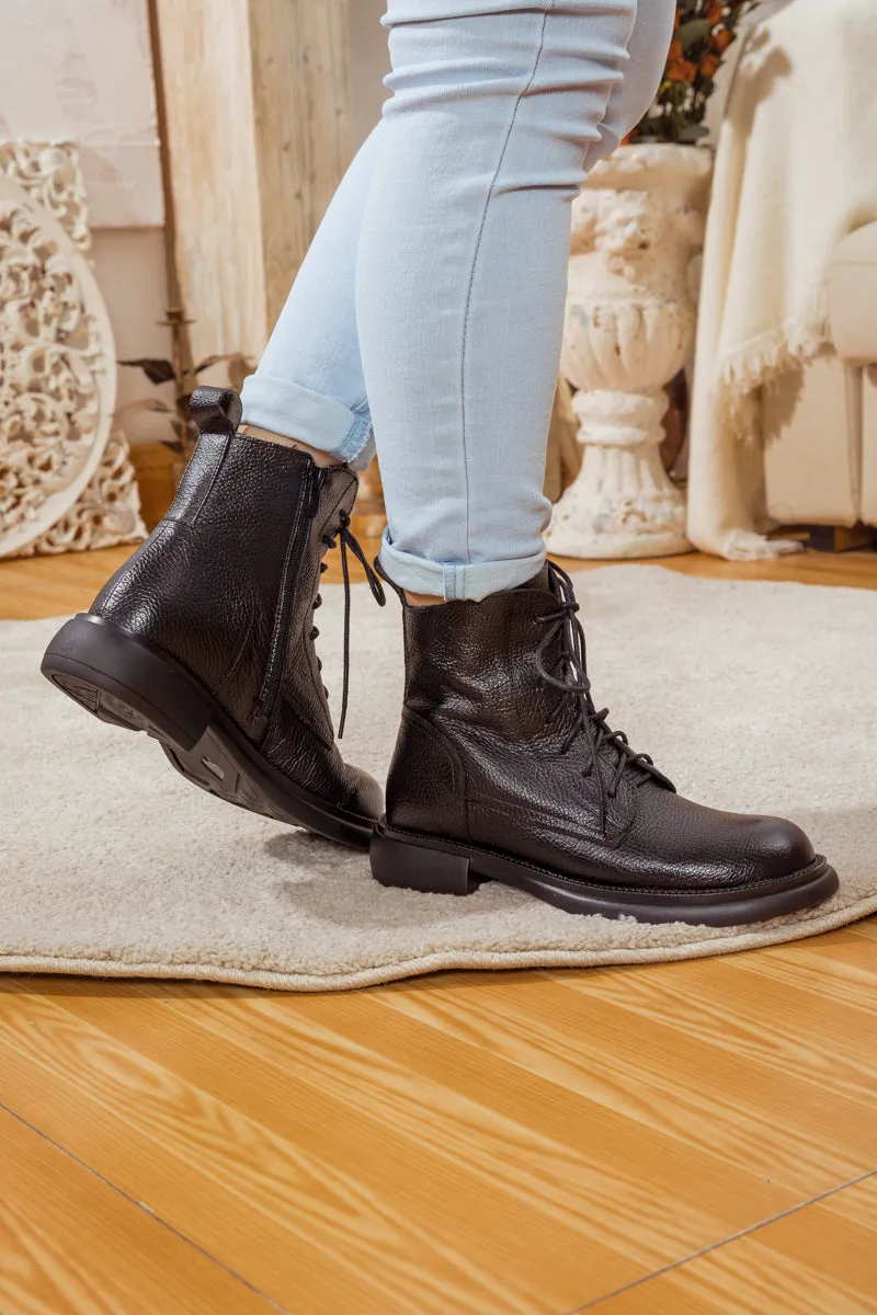 Lace-Up Ruched Leather Ankle Boots