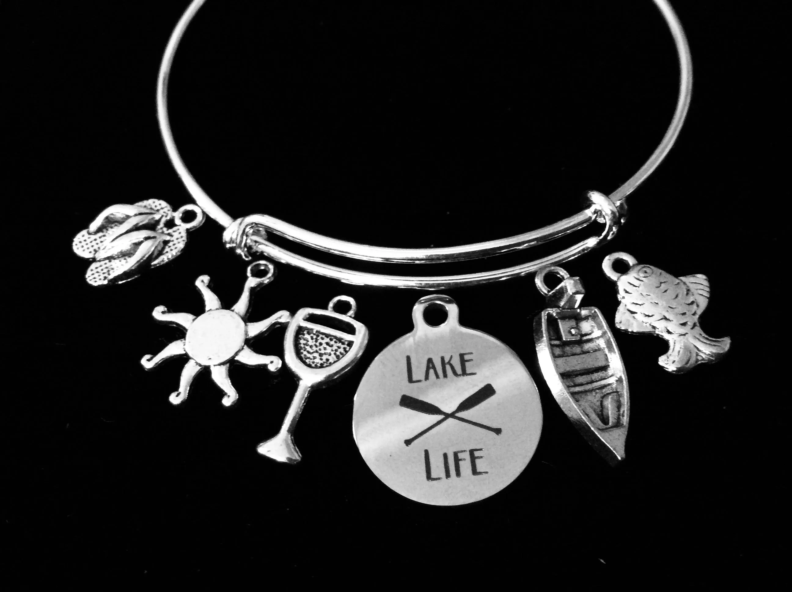 Lake Life Jewelry Adjustable Bracelet Expandable Silver Charm Bangle Sunshine Flip Flops Fishing One Size Fits All Gift Summer Fun