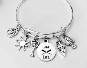 Lake Life Jewelry Adjustable Bracelet Expandable Silver Charm Bangle Sunshine Flip Flops Fishing One Size Fits All Gift Summer Fun