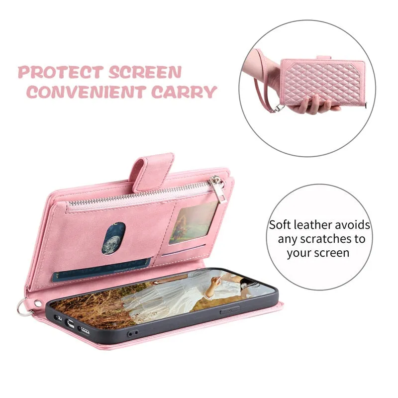 Lanyard Zipper Wallet Flip Leather Case for Samsung Galaxy with Card Cover