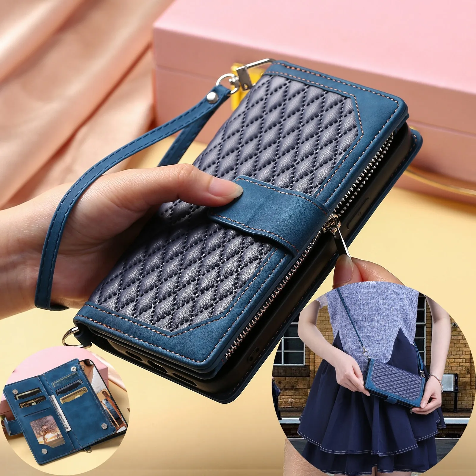 Lanyard Zipper Wallet Flip Leather Case for Samsung Galaxy with Card Cover