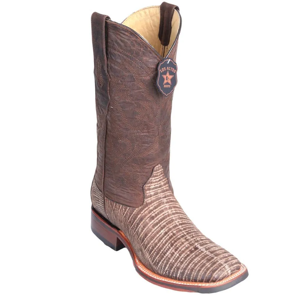 Los Altos Genuine Teju Lizard Wide Square Toe Boot with a Double Sole in Sanded Brown
